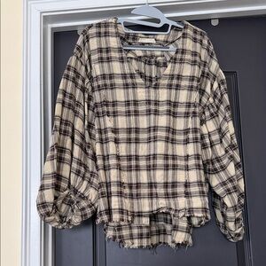 By Together plaid top featuring hi-low frayed hem